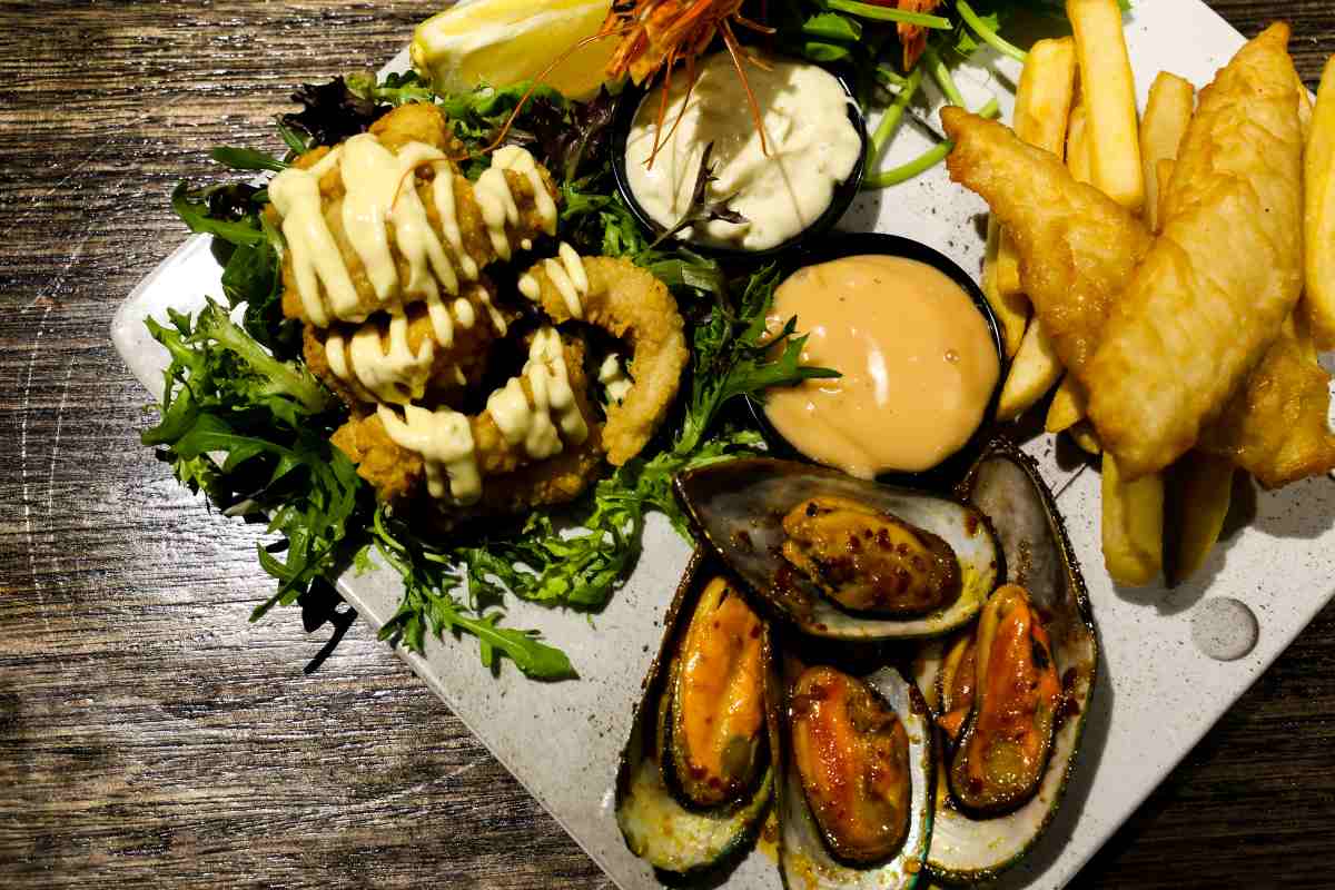 ISCW seafood dinner on a white plate