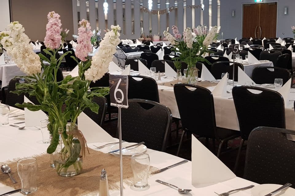 A function room set for a wedding